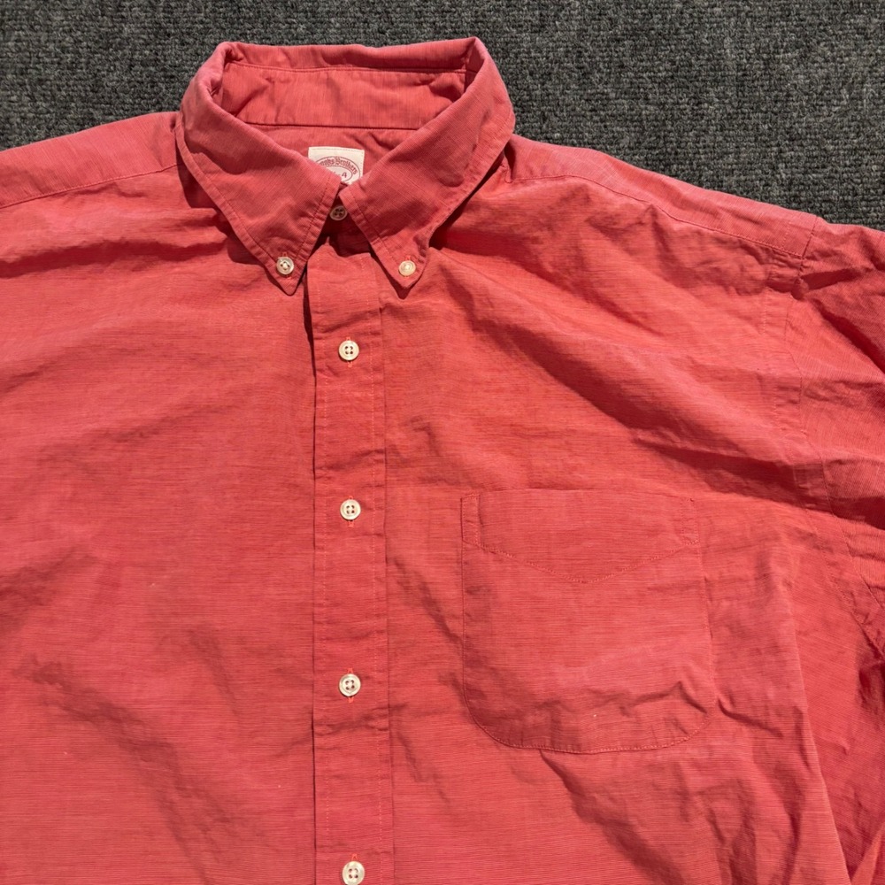 Brooks Brothers Makers Mens 17.5-4 Red/ Salmon Button Down Shirt USA Made - Picture 2 of 7